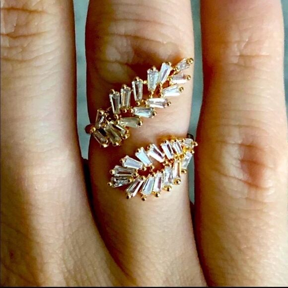 Crystal / Gold Leaf Open Adjustable Ring, Gold Leaf Statement Ring - Picture 1 of 6